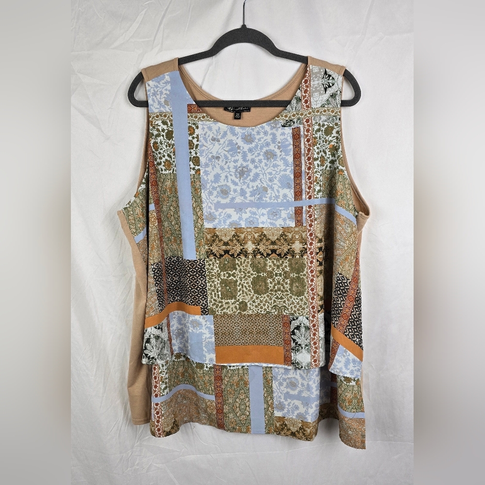 DG2 Diane Gilman Layered Neutral Patchwork Sleeveless Tunic Top sz 2X